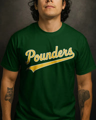 Person wearing a green t-shirt with 'Pounders' printed in yellow on a dark background