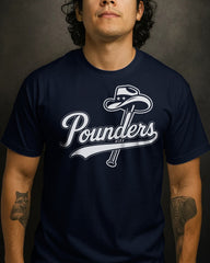 Man wearing a navy blue t-shirt with 'Pounders' logo on a dark background