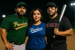 Three people wearing 'Pounders' and 'Big Back' shirts on a baseball field.