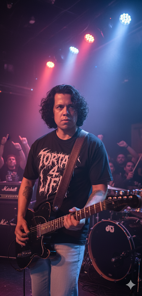 Person playing guitar on stage with musical equipment and lights in the background