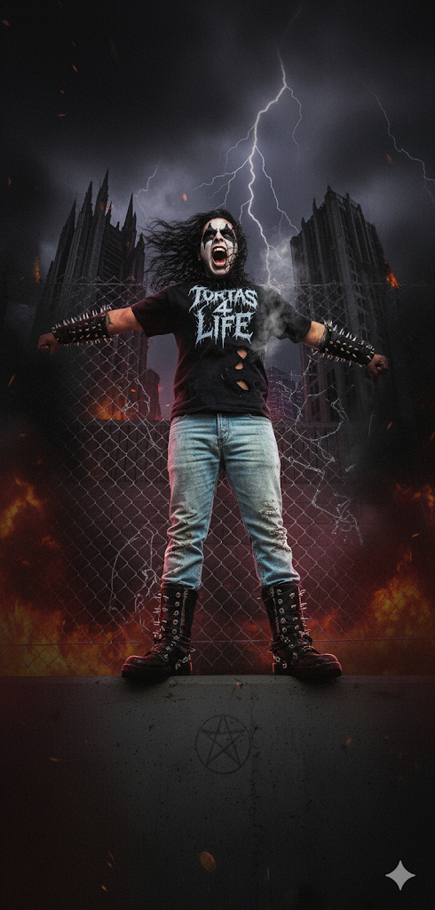 Person wearing a black shirt with 'Tortas4Life' text, standing against a dark background with lightning.