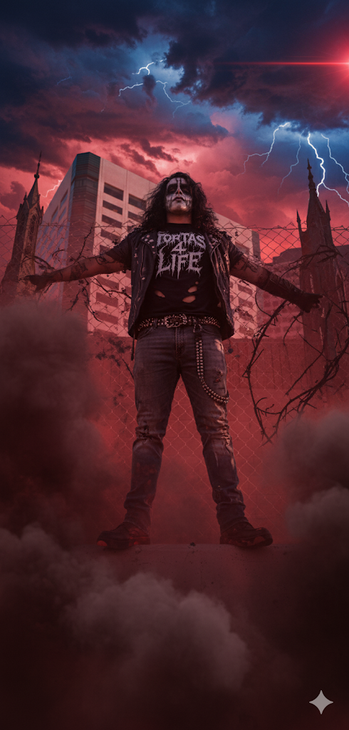 Person wearing a 'tortas4life' shirt with a dark, stormy sky and cityscape in the background.